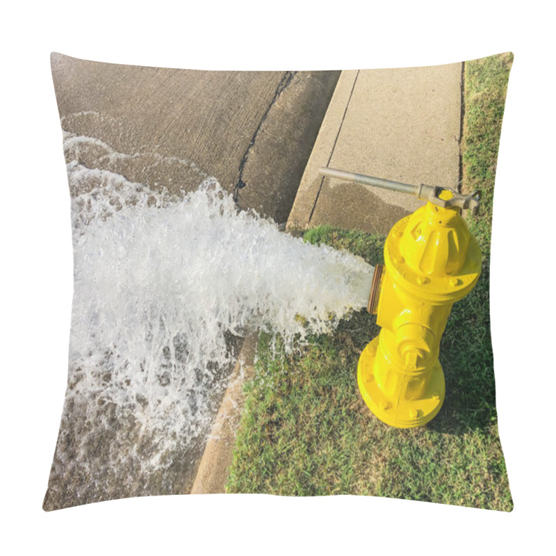 Personality  Top View Yellow Fire Hydrant Gushing Water Across A Residential Street Near Dallas, Texas, USA Pillow Covers