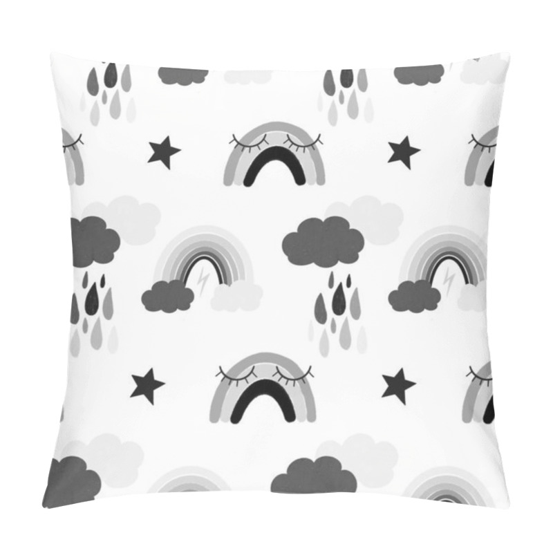 Personality  Seamless Pattern Of Hand Drawn Rainbow, Stars And Clouds In Black And White Colors On White Background Pillow Covers