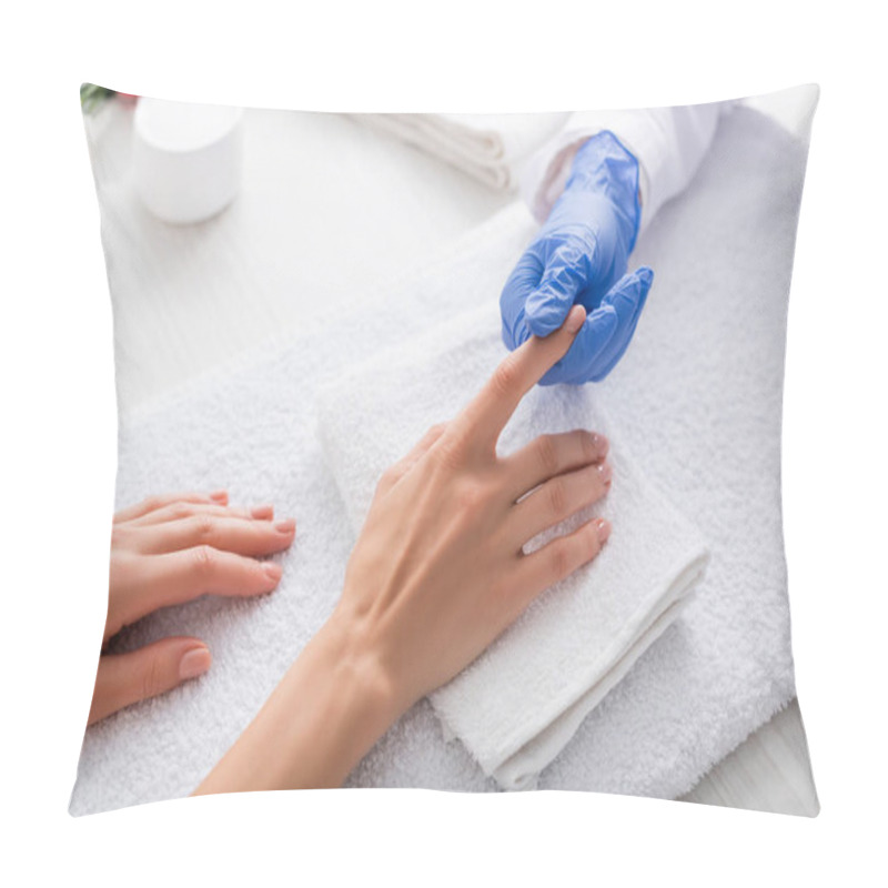 Personality  Partial View Of Manicurist Touching Finger Of Woman In Nail Salon Pillow Covers