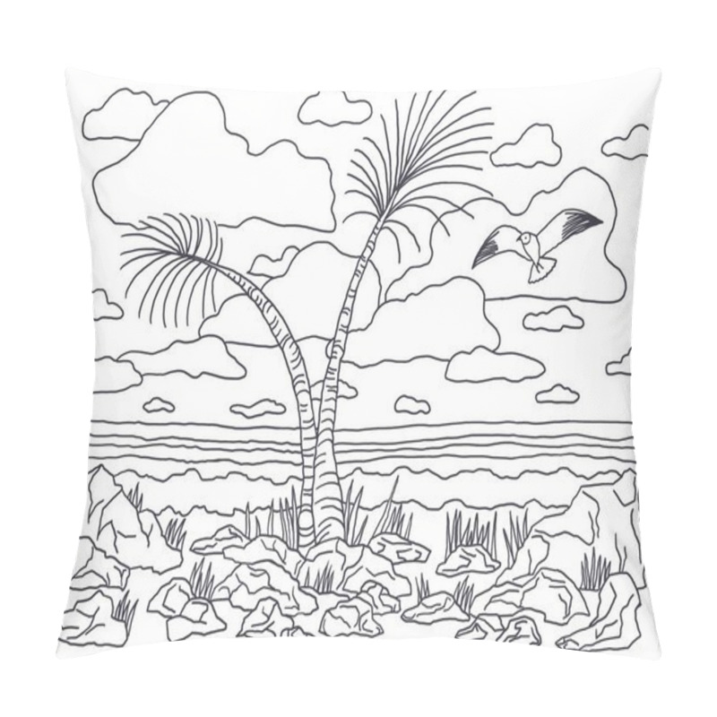 Personality  Coloring Books For Children And Adults. An Image Of Nature. Landscape Painting. The Idea Of Coloring. Sea, Palm Trees, Water, Sky, Bird, Seagull, Clouds. Pillow Covers