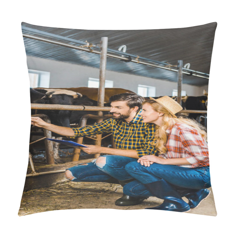 Personality  Couple Of Farmers Squatting And Checking Cows In Stable Pillow Covers