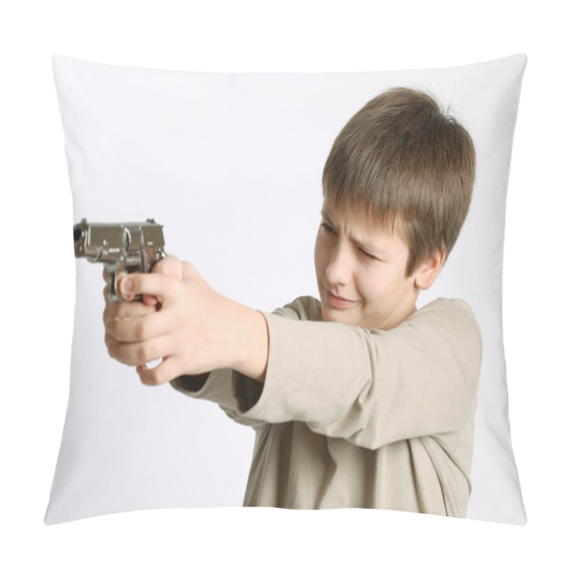 Personality  Child With Gun On Light Background Pillow Covers