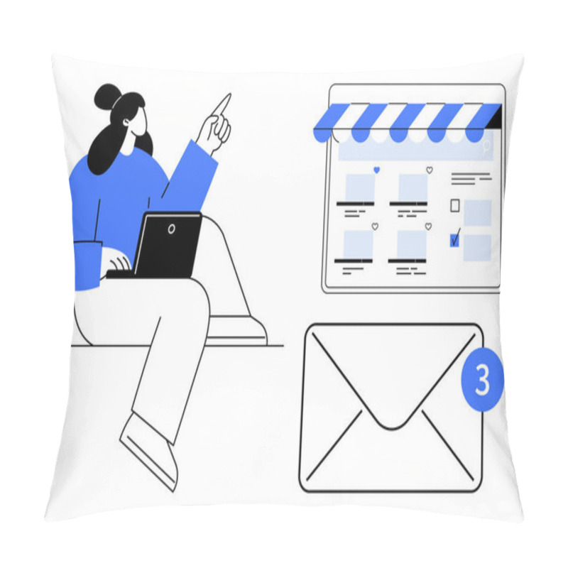 Personality  Person Using Laptop Seated Next To Interface Window And Envelope With New Message Notification. Ideal For Communication, Email Marketing, Online Interaction, Connectivity, Digital Business Pillow Covers