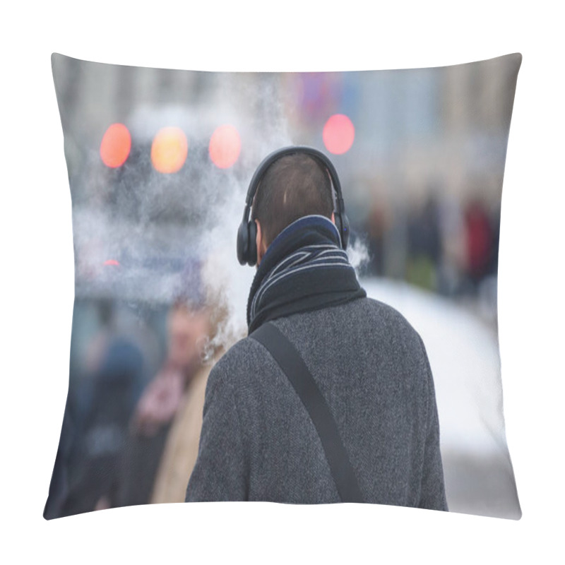 Personality  05.02.2019.; RIGA; LATVIA. Young Man With Headphones On Head, Smoking While Waiting Bus At Bus Stop. Pillow Covers