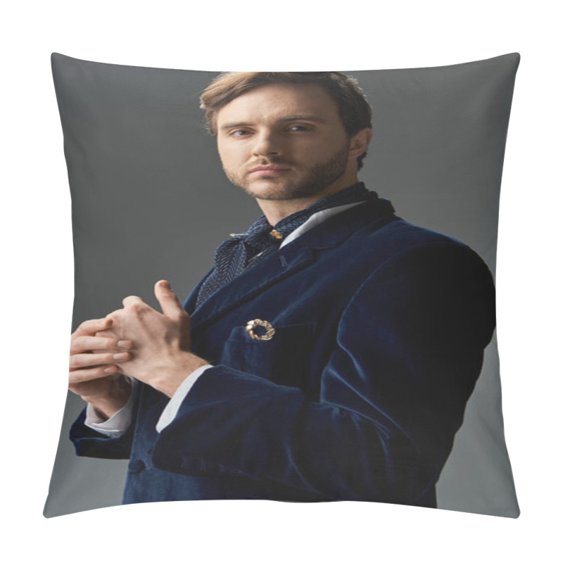 Personality  A Sophisticated Figure Exudes Charm While Adjusting His Cuffs Against A Minimalist Backdrop. Pillow Covers