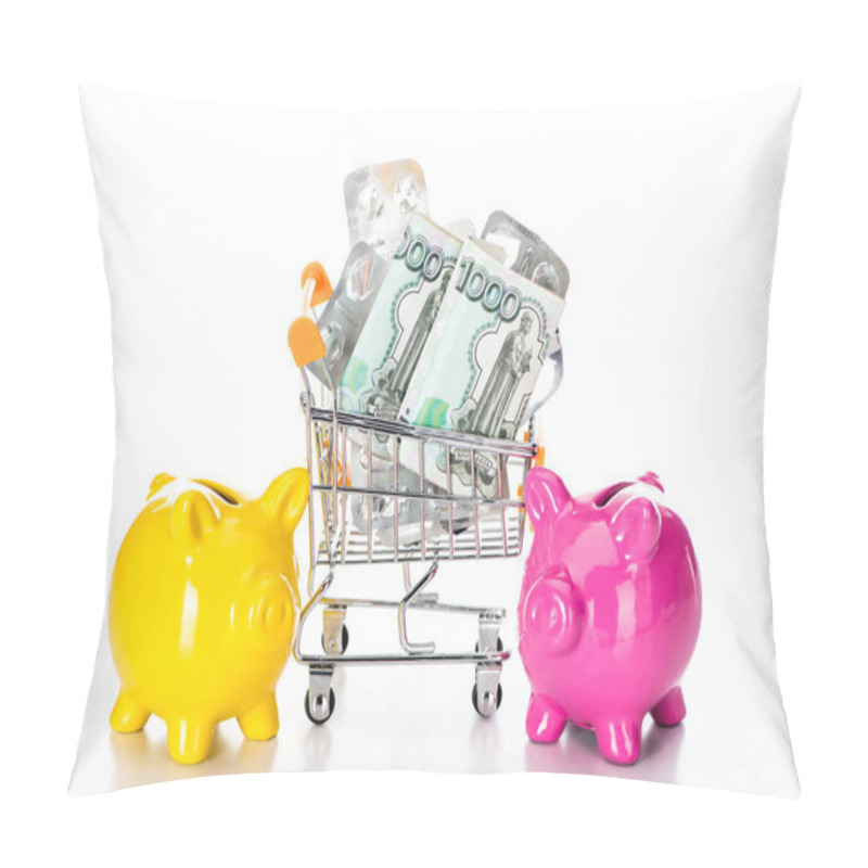 Personality  Trolley Cart With Russian Cash Money And Empty Pills Packages Near Pink Piggy Bank And Colorful Pills Isolated On White  Pillow Covers