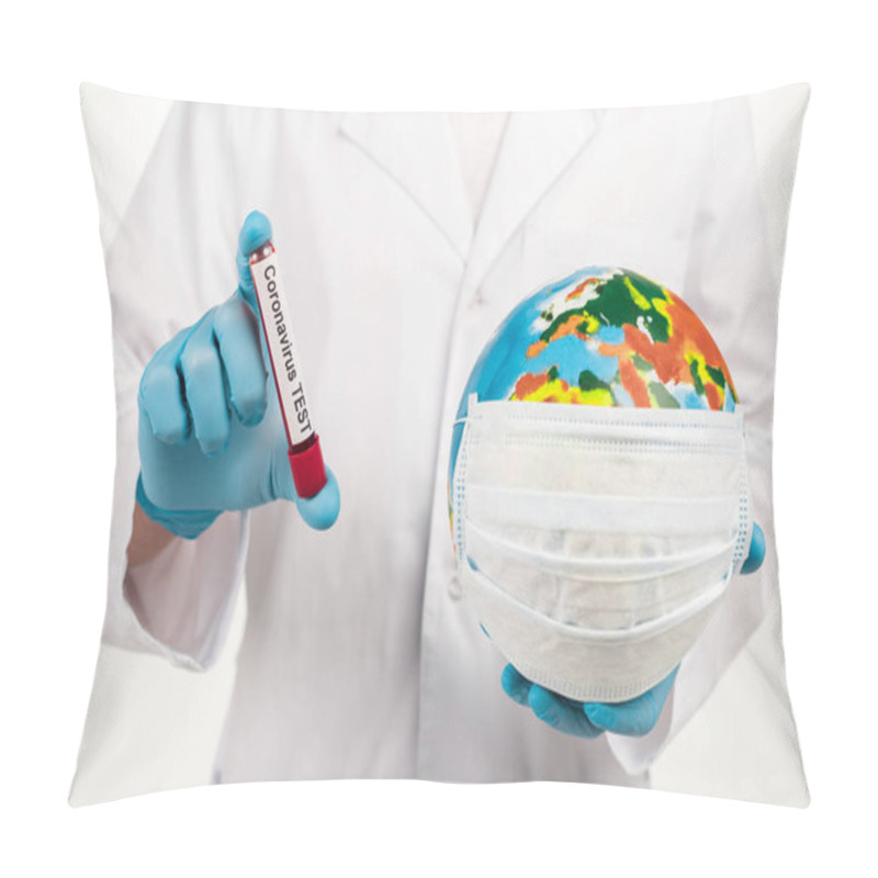 Personality  Cropped View Of Scientist Holding Globe In Protective Mask And Sample With Coronavirus Test Lettering Isolated On White  Pillow Covers