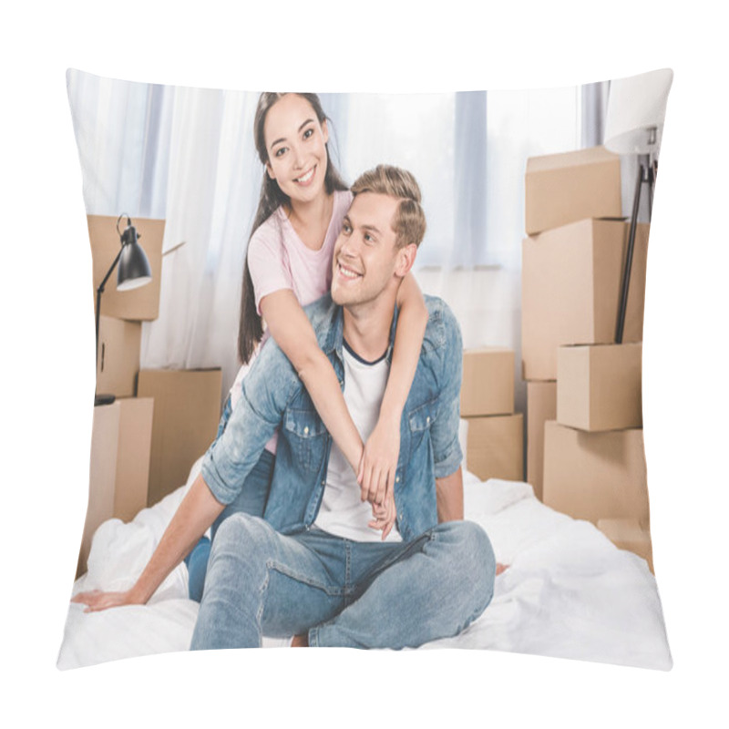 Personality  Beautiful Young Couple Sitting On Bed After Moving Into New Home Pillow Covers