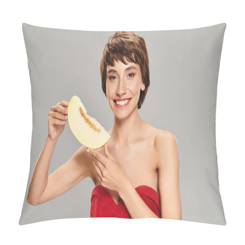 Personality  A Young Woman In A Striking Red Dress Posing With Melon. Pillow Covers