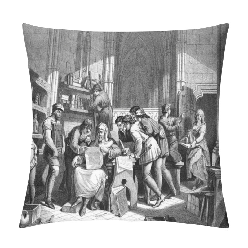 Personality  Caxton Reading The First Proof Sheet From His Printing Press Pillow Covers