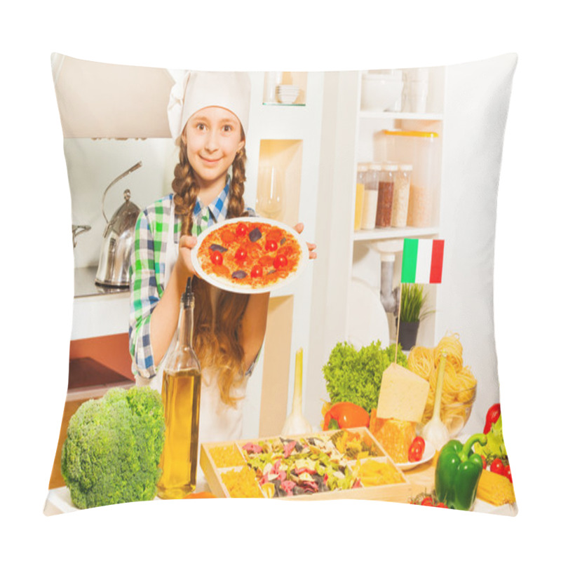 Personality  Girl Holding Plate With Tasty Pizza Pillow Covers