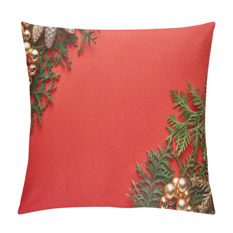 Personality  Top View Of Shiny Christmas Decoration On Green Thuja Branches On Red Background With Copy Space Pillow Covers