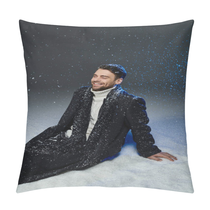 Personality  A Handsome Young Man Smiles Brightly As Snowflakes Cascade Around Him, Creating A Joyful Atmosphere. Pillow Covers