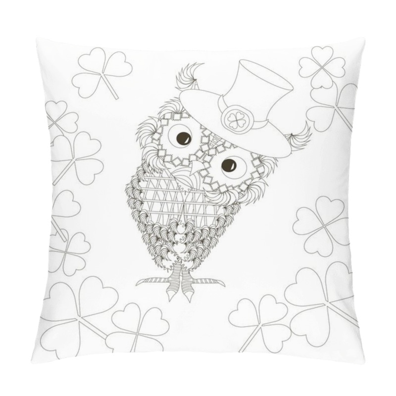 Personality  Stylized Monochrome Owl At Hat With Clover, Doodle Style Anti Stress Stock Vector Illustration Pillow Covers