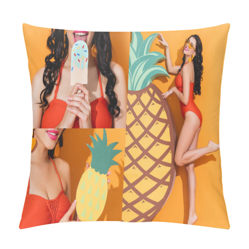 Personality  Collage Of Woman Holding And Touching Paper Cut Pineapples And Licking Paper Craft Ice Cream On Orange  Pillow Covers