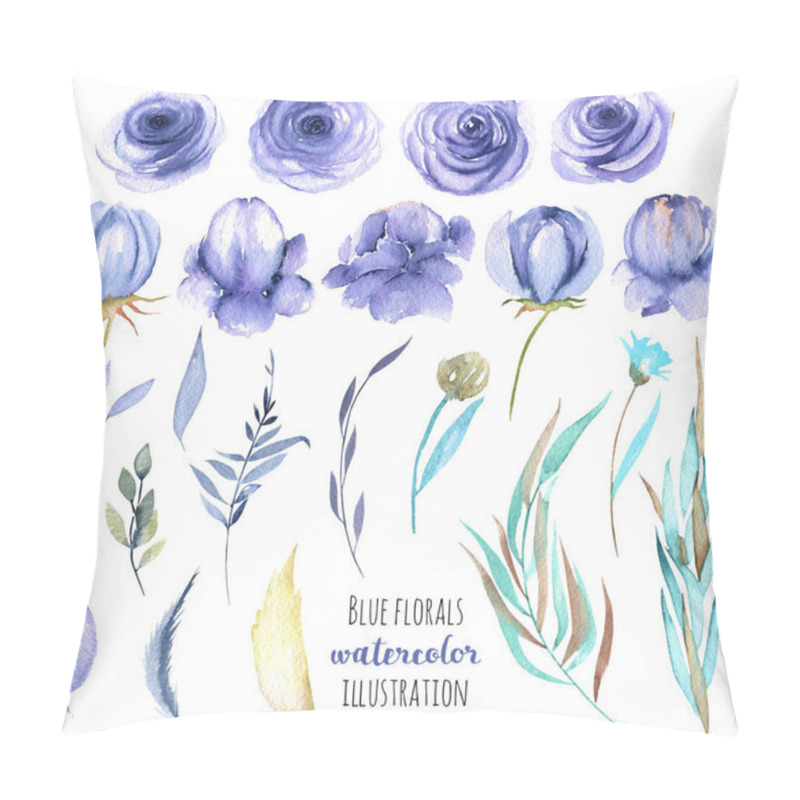 Personality  Watercolor Blue Roses, Peonies And Branches Collection, Isolated Elements Set, Hand Painted On A White Background Pillow Covers