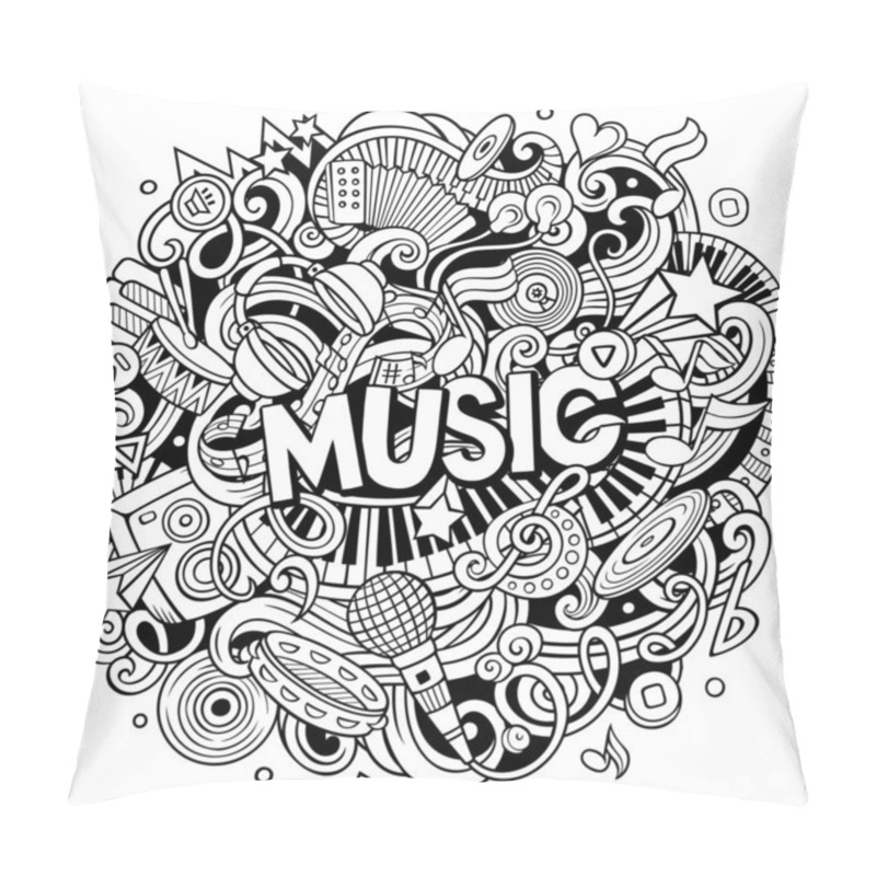 Personality  Music Hand Drawn Raster Doodles Illustration. Musical Design. Sound Elements And Objects Cartoon Background. Sketchy Funny Picture.  Pillow Covers