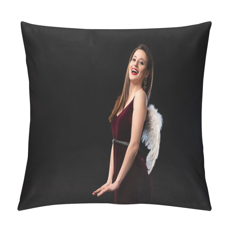 Personality  Smiling Woman In Dress With Wings Looking At Camera Isolated On Black Pillow Covers