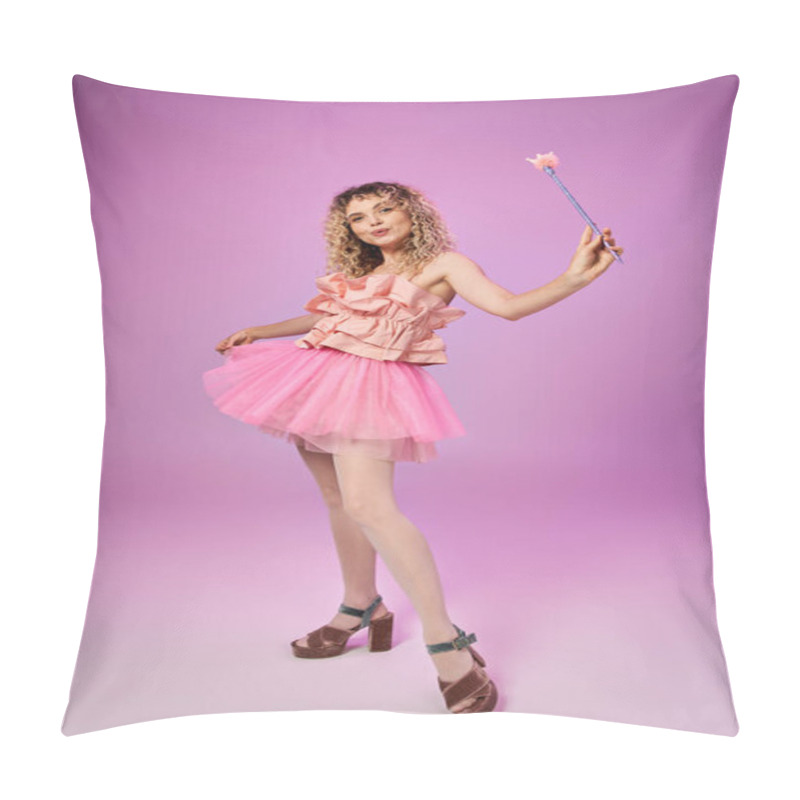 Personality  Cheerful Blonde Woman In Pink Tooth Fairy Costume Casting Spell With Magic Wand Looking At Camera Pillow Covers