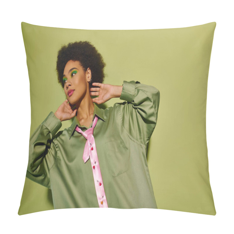 Personality  A Young Woman Expresses Deep Emotion While Presenting A Stylish Outfit With Vibrant Colors. Pillow Covers