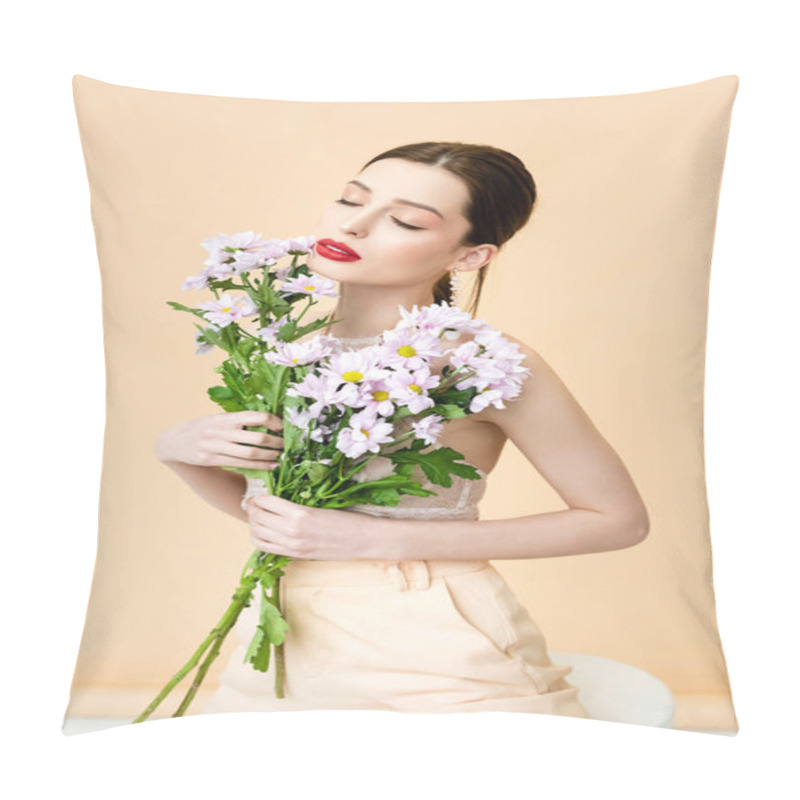 Personality  Pretty Woman With Closed Eyes Holding Blooming Chrysanthemum Flowers On Beige  Pillow Covers