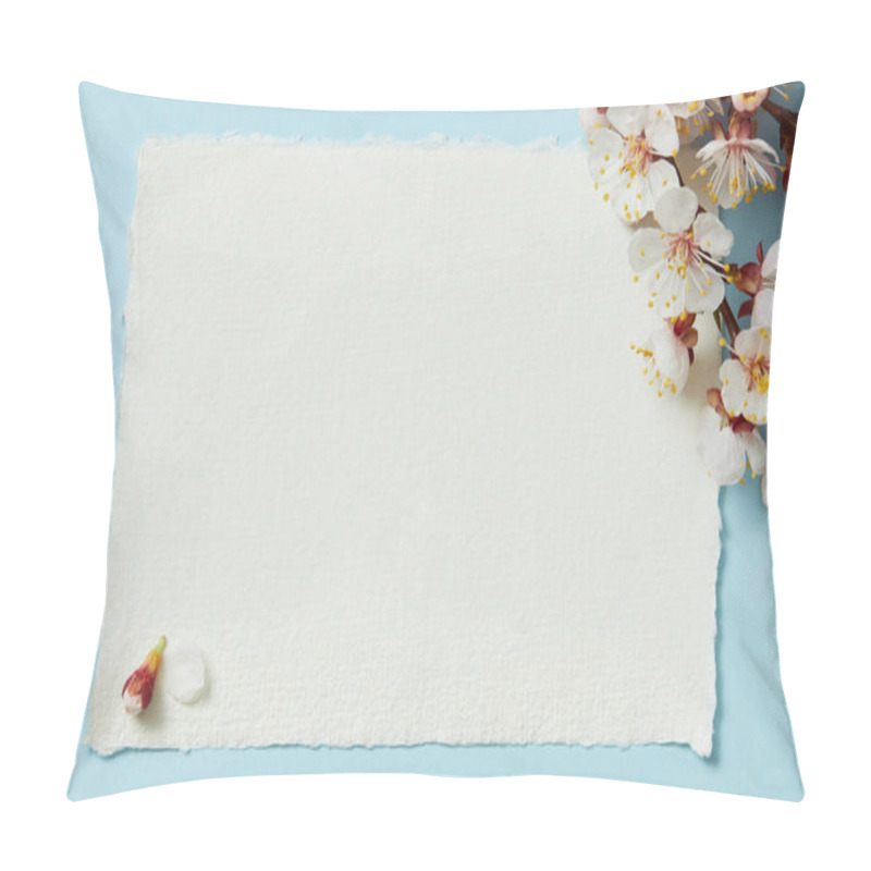 Personality  Top View Of Tree Branch With Blooming Spring Flowers On White Blank Stripped Card On Blue Background Pillow Covers