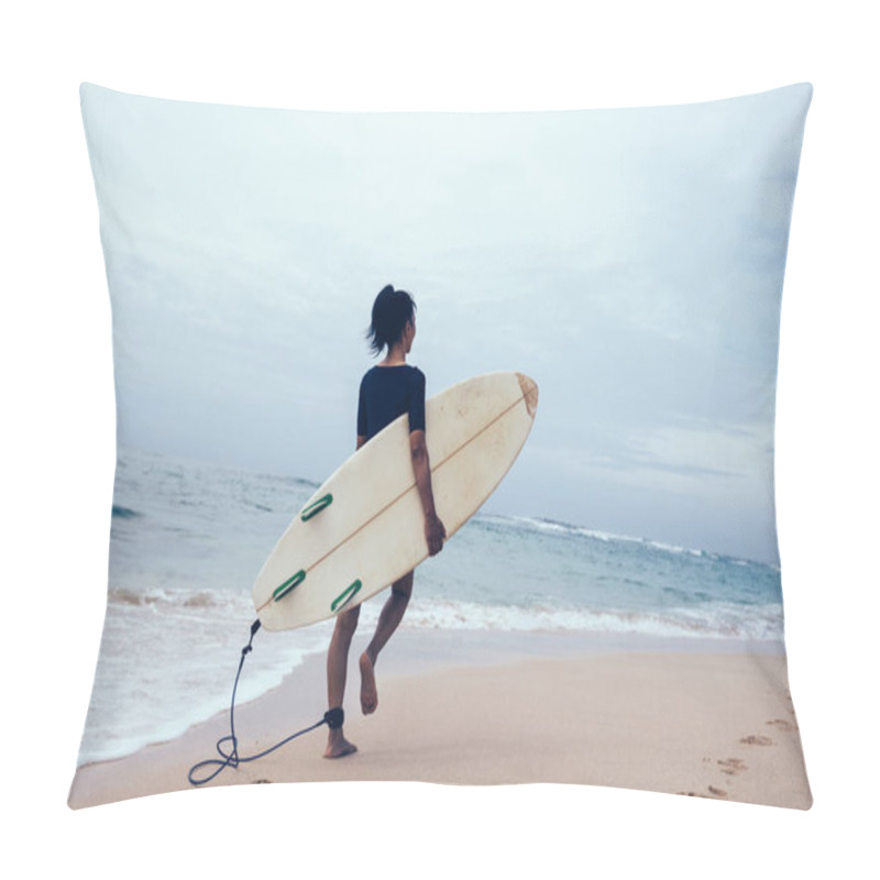 Personality  Surfer Woman With Surfboard Walking On Tropical Beach  Pillow Covers