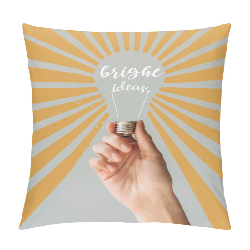 Personality  Cropped Image Of Woman Holding Light Bulb With Inscription Bright Ideas And Orange Rays Isolated On Gray Pillow Covers