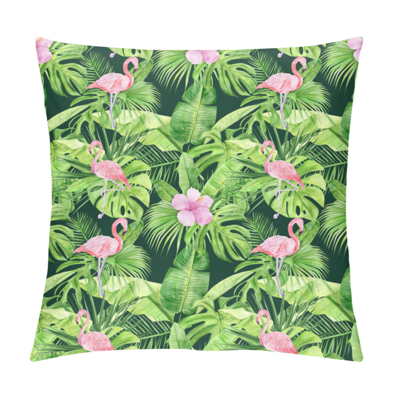 Personality  Watercolor Illustration Seamless Pattern Of Tropical Leaves And Pink Flamingo. Perfect As Background Texture, Wrapping Paper, Textile Or Wallpaper Design. Hand Drawn Pillow Covers