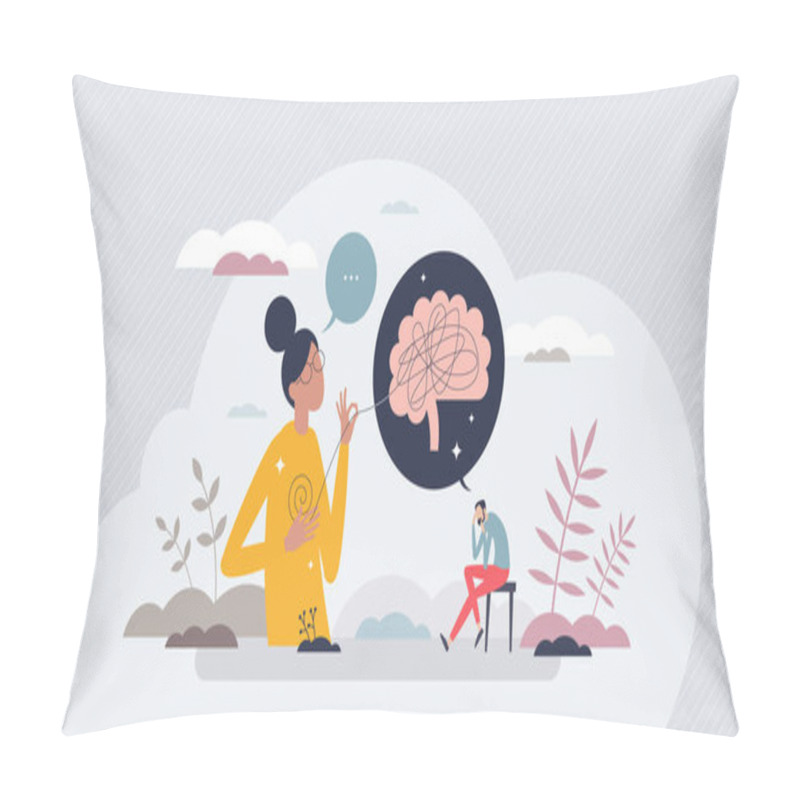 Personality  Counseling Psychology And Psychotherapy Mind Session Tiny Person Concept. Mental Care And Medical Help To Solve Bad Mood, Feeling Or Personality Problems Vector Illustration. Brain Anxiety Treatment. Pillow Covers