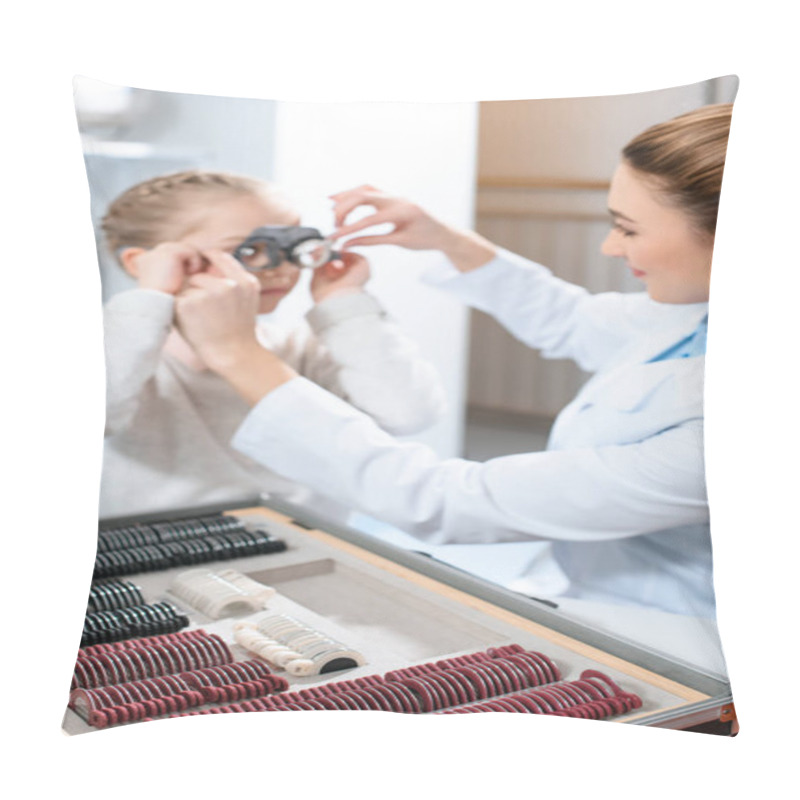 Personality  Oculist Examining Kid Eyes With Trial Frame And Lenses Pillow Covers