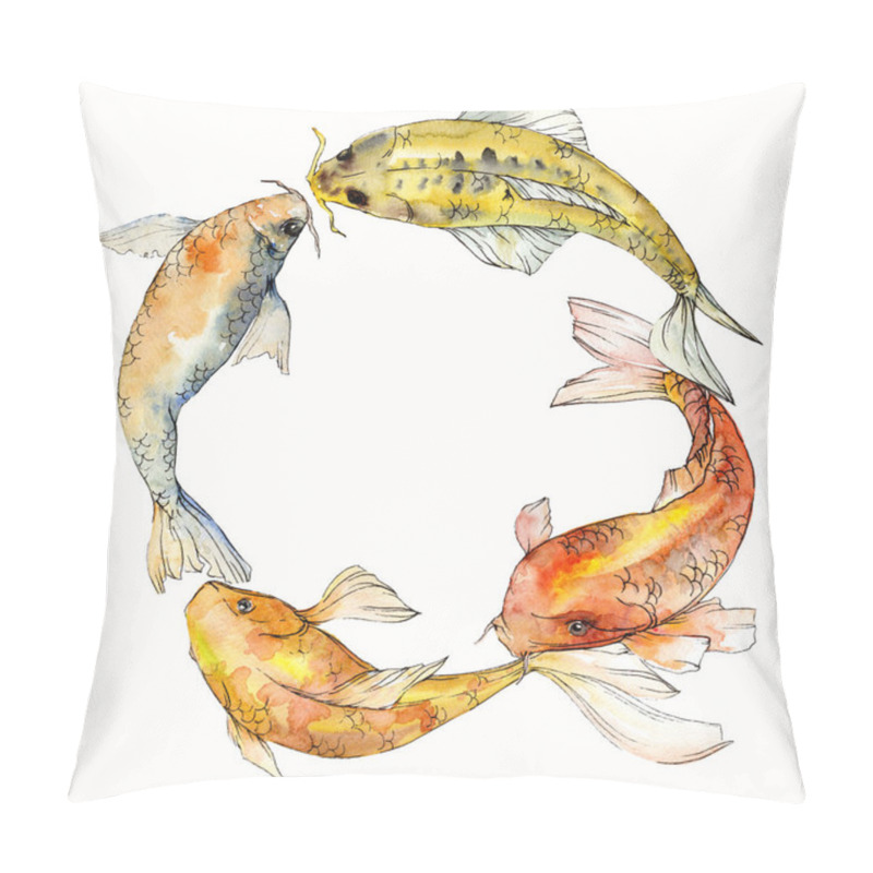 Personality  Watercolor Aquatic Underwater Tropical Fish Set. Red Sea And Exotic Fishes Inside: Goldfish. Frame Border Square. Pillow Covers