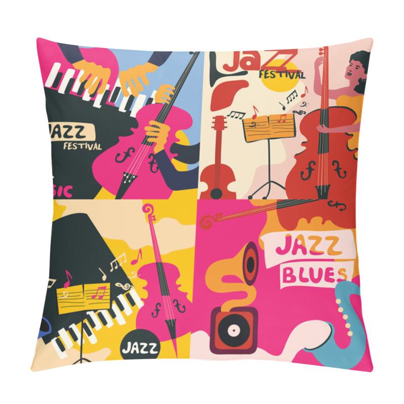 Personality  Set Of Four Templates For Posters Of Jazz And Blues Music Festival. Flat Vector Illustration With Different Musical Instruments. Pillow Covers