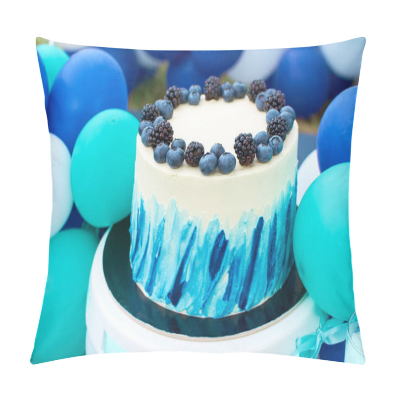 Personality  Delicious And Beautiful White Cake Garnished With Fresh Blueberries And Blackberries. The Cake Is Placed On A High Toad. The Background Is A Decor Of Balloons. Holiday Decorations In White Blue Colors Pillow Covers