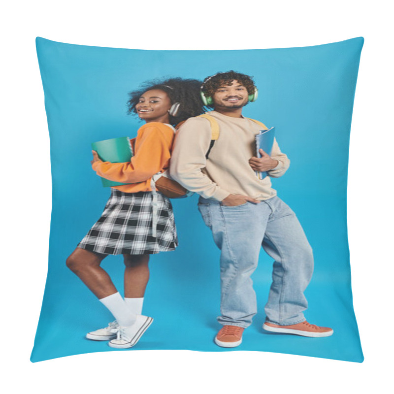 Personality  An Interracial Couple, Students In Casual Attire, Stand Together In Unity Against A Blue Backdrop. Pillow Covers