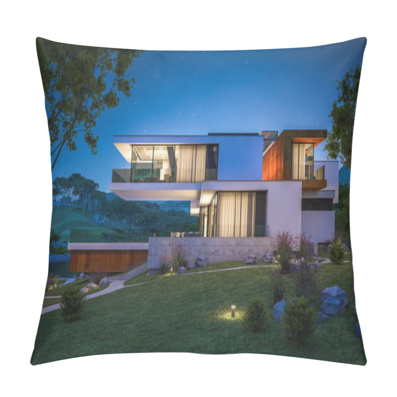 Personality  3d Rendering Of Modern House By The River At Night Pillow Covers