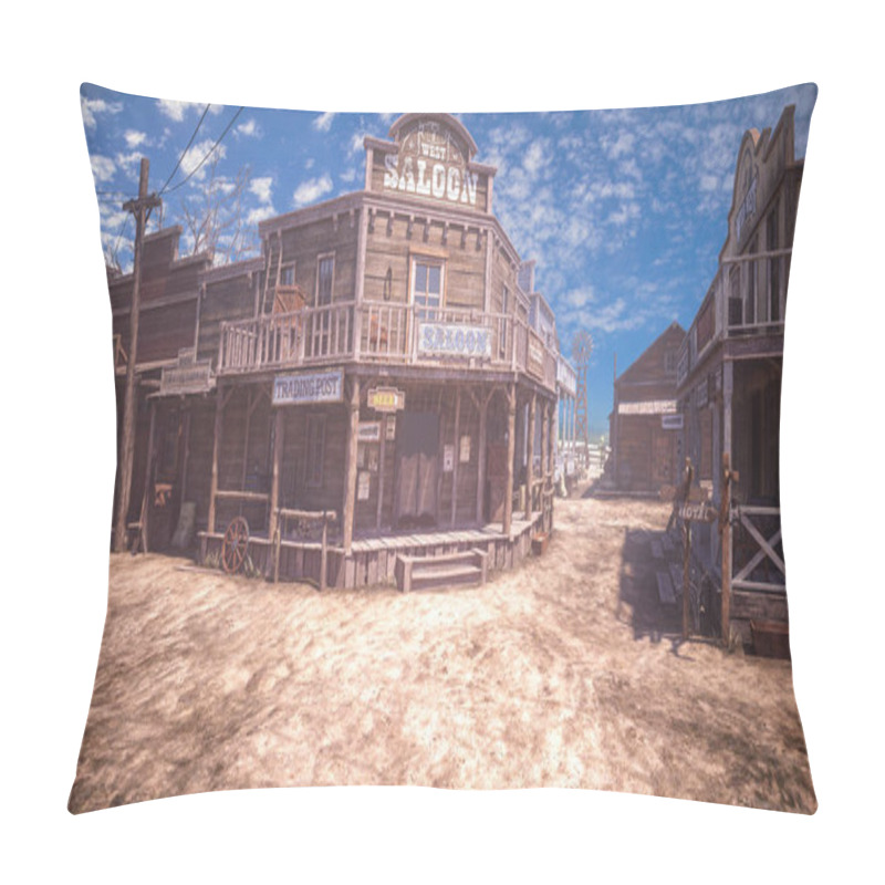 Personality  Saloon And Stores In Dusty Old Wild West Frontier Town.3D Illustration. Pillow Covers