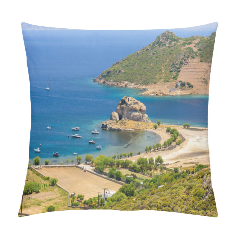 Personality  Petra Beach Is A Picturesque Beach On The Island Of Patmos, Aerial View In A Sunny Summer Day, Patmos Island, Dodecanese, Greece Pillow Covers