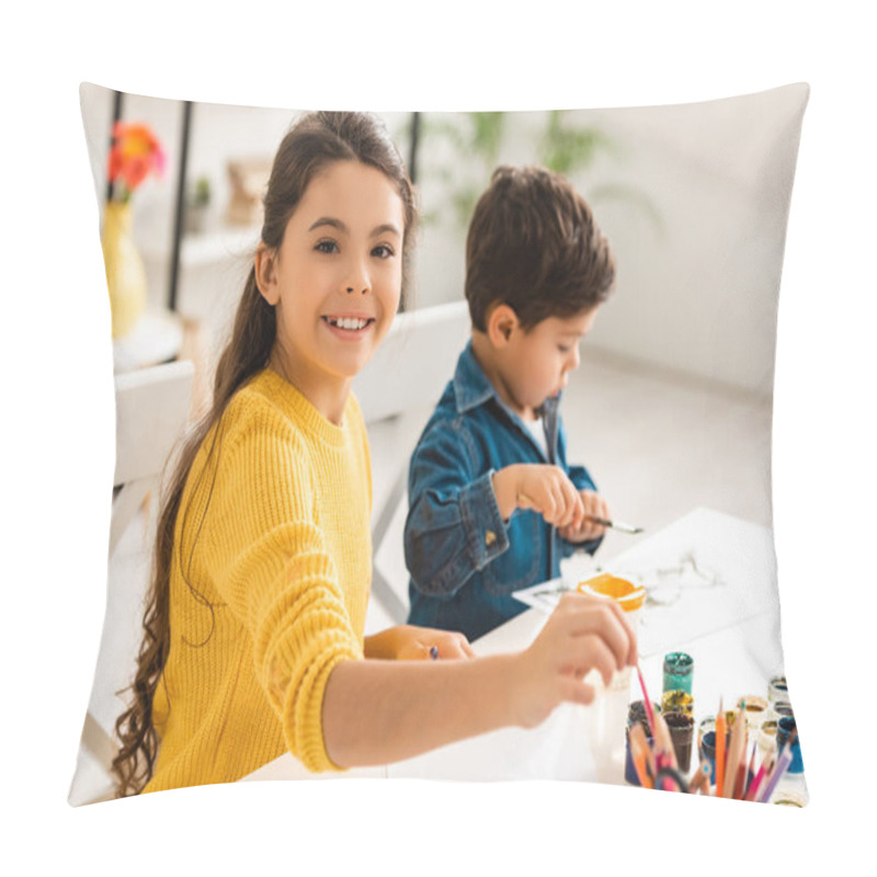 Personality  Cheerful Sister Looking At Camera While Sitting At Table And Drawing Together With Brother Pillow Covers