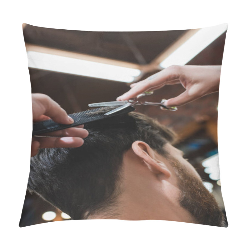 Personality  Hairdresser Cutting Hair Of Brunette Man With Thinning Scissors Pillow Covers