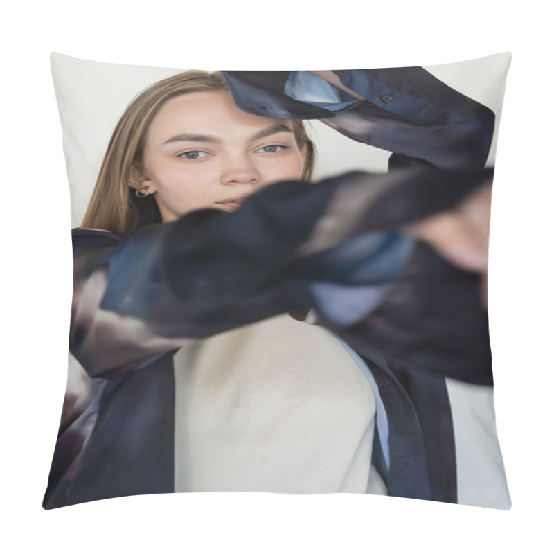 Personality  Woman In Fashionable Gradient Shirt Looking At Camera On Blurred Foreground Isolated On White Pillow Covers