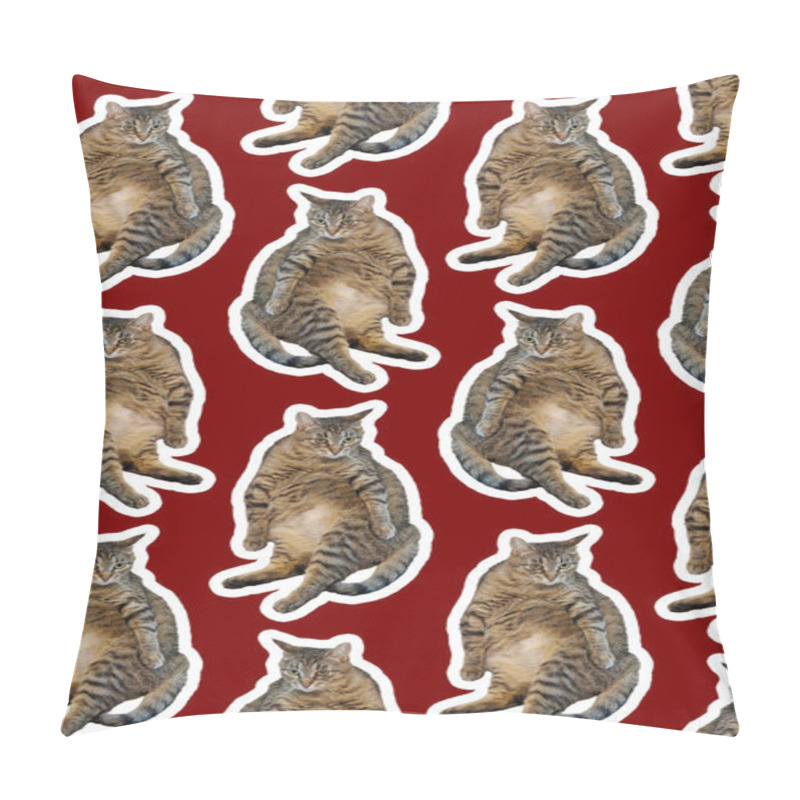 Personality  Collage Cat Funny Cat On Red Background. Seamless Repeating Pattern Pillow Covers