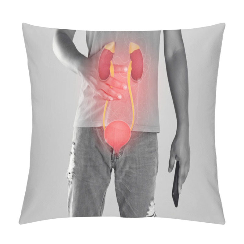 Personality  Kidney And Urethra Illustration On The Men Body Against A Gray Background. Pillow Covers