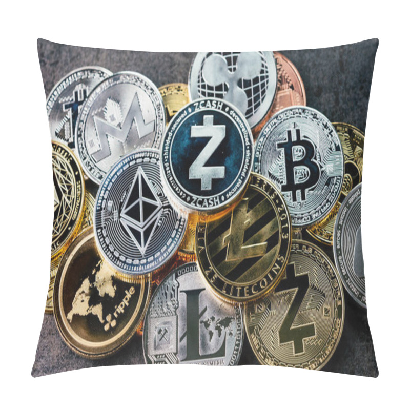 Personality  Crypto Currency Background With Various Of Shiny Silver And Gold Pillow Covers