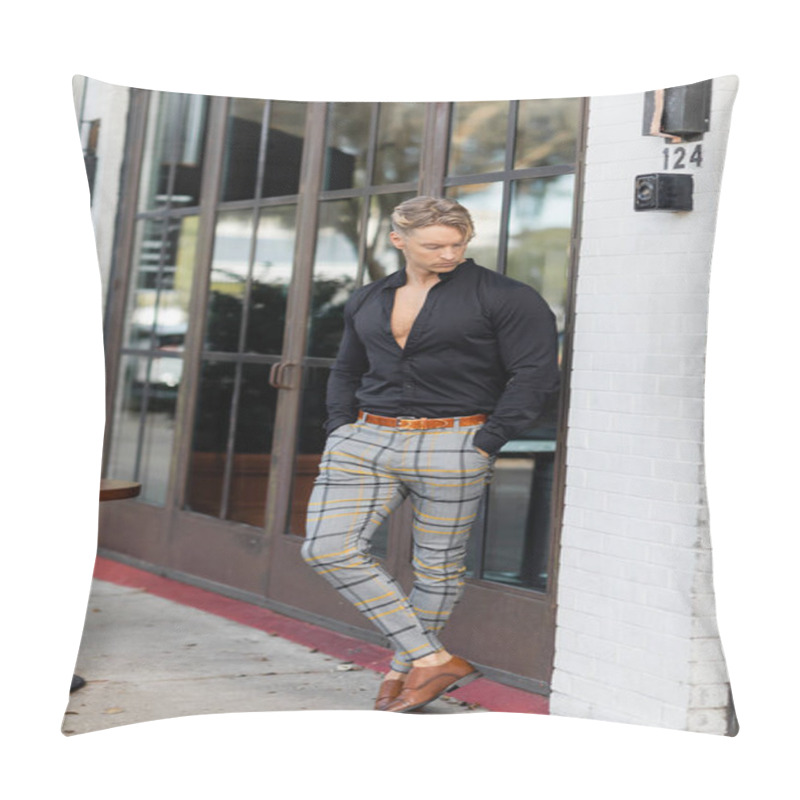 Personality  A Handsome Blonde Man In A Black Button-down Shirt And Plaid Pants Leans Against A Building In Orlando, Florida. Pillow Covers