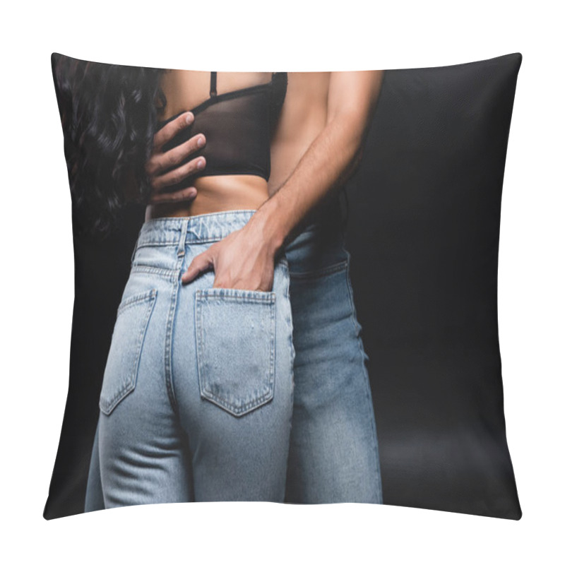 Personality  Cropped View Of Sexy Man Putting Hand In Pocket Of Jeans On Girlfriend Isolated On Black Pillow Covers