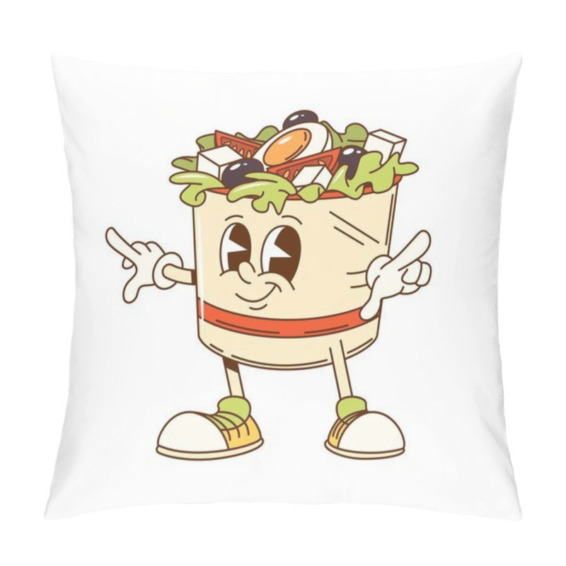 Personality  Cartoon Groovy Greek Salad Bowl Fast Food Character. Isolated Vector Playful Mediterranean Cuisine Cup Personage Filled With Ingredients Like Fresh Vegetables, Lettuce, Tomatoes, Olives And Eggs Pillow Covers