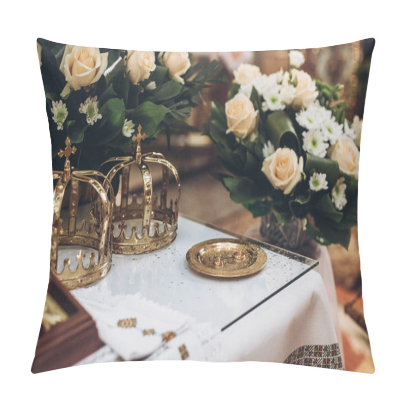 Personality  Golden Crowns And Bible And Wedding Ring On Altar In Church At Wedding Matrimony. Traditional Religious Wedding Ceremony Pillow Covers