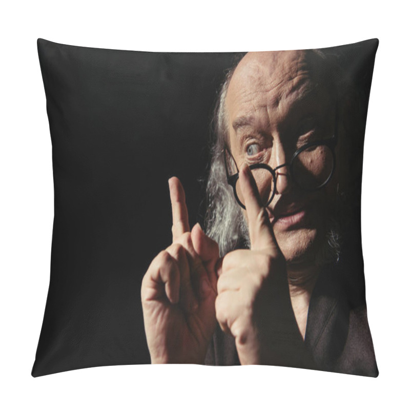 Personality  Senior Medieval Philosopher In Eyeglasses Showing Idea Signs Isolated On Black Pillow Covers