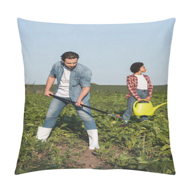 Personality  Full Length View Of Farmer Working With Hoe Near African American Woman With Watering Can Pillow Covers